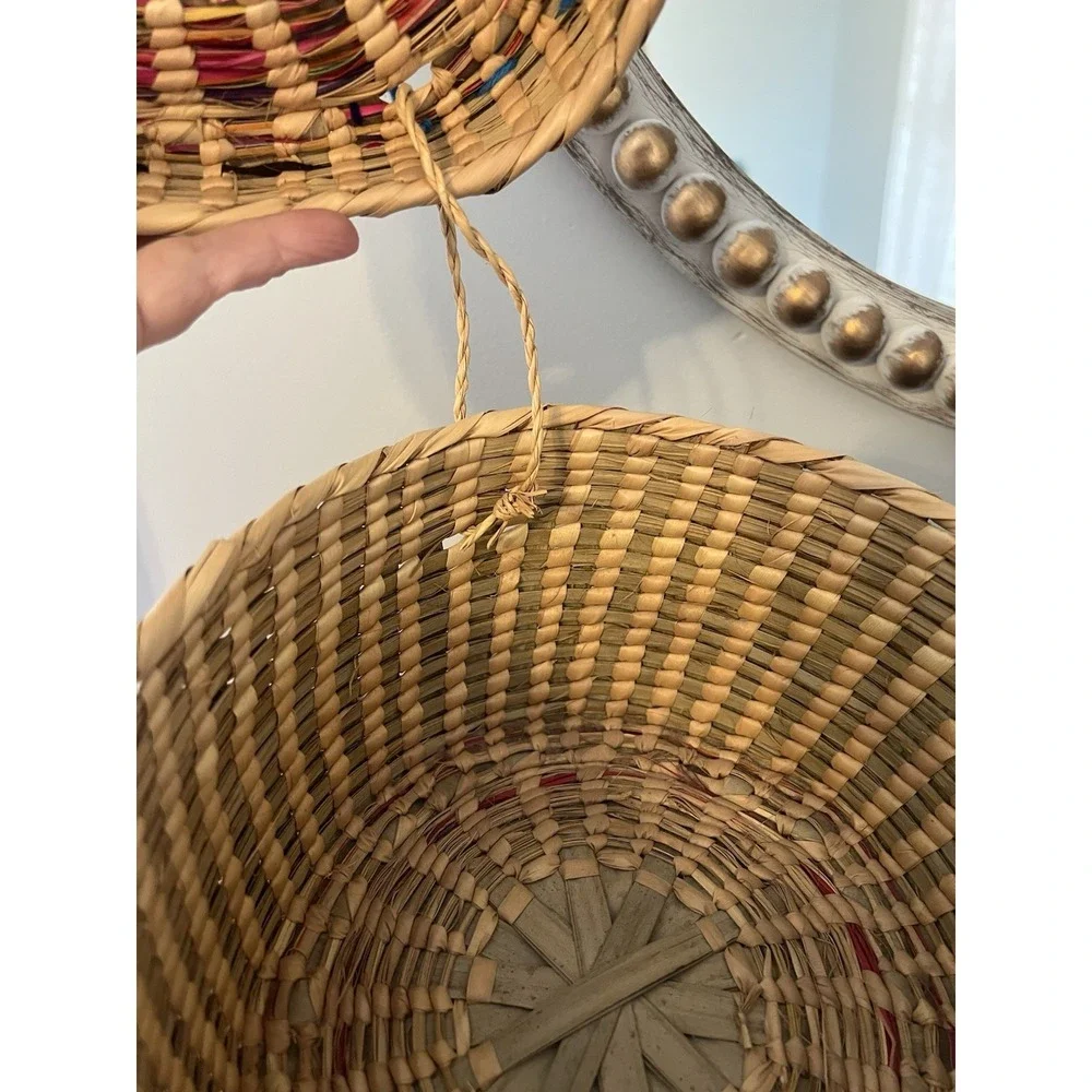Vintage Mexican Handwoven Palm Lidded‎ Basket Folk Art Boho Southwestern
